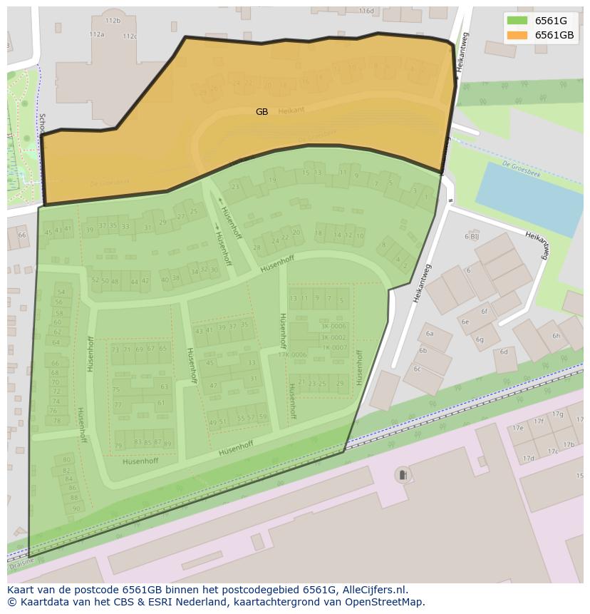 Afbeelding van het postcodegebied 6561 GB op de kaart.