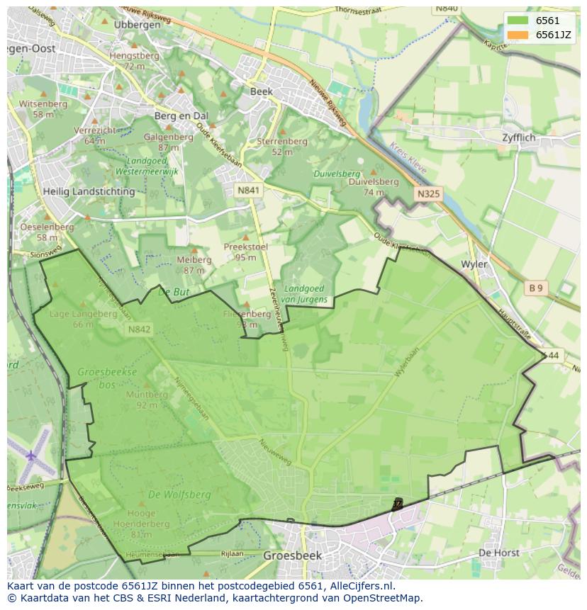 Afbeelding van het postcodegebied 6561 JZ op de kaart.
