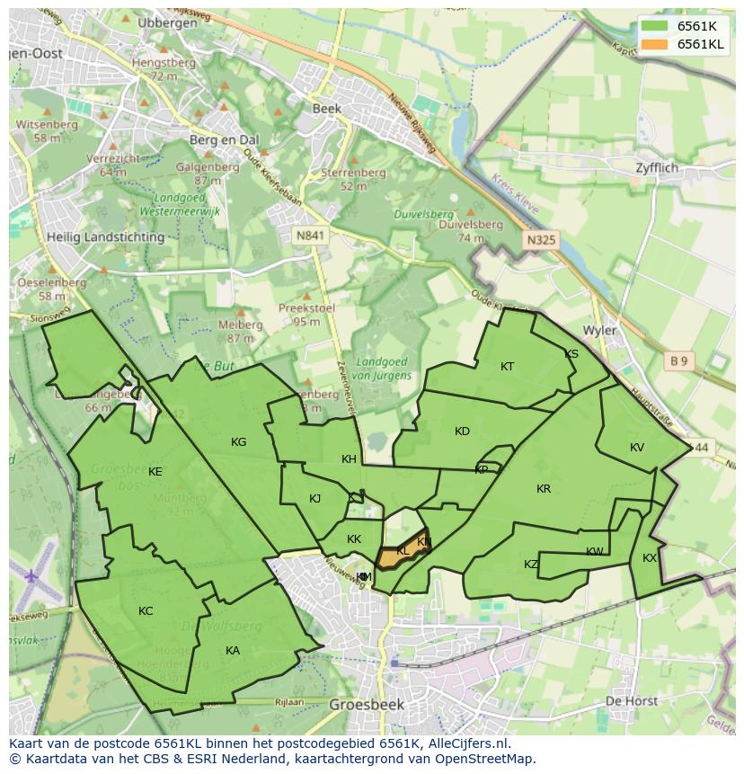 Afbeelding van het postcodegebied 6561 KL op de kaart.