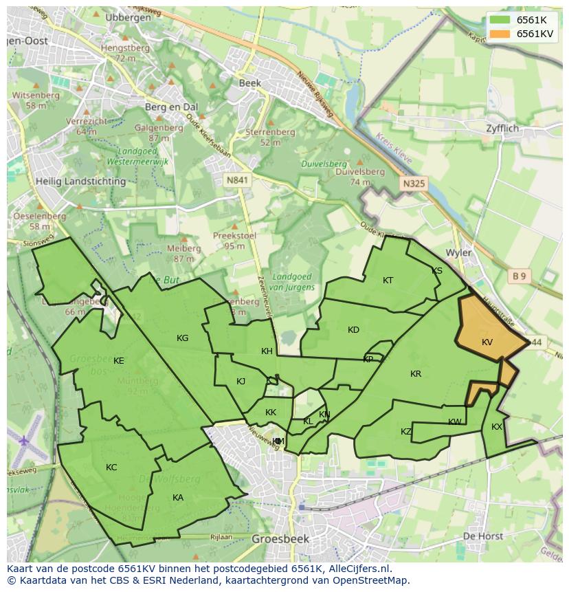 Afbeelding van het postcodegebied 6561 KV op de kaart.