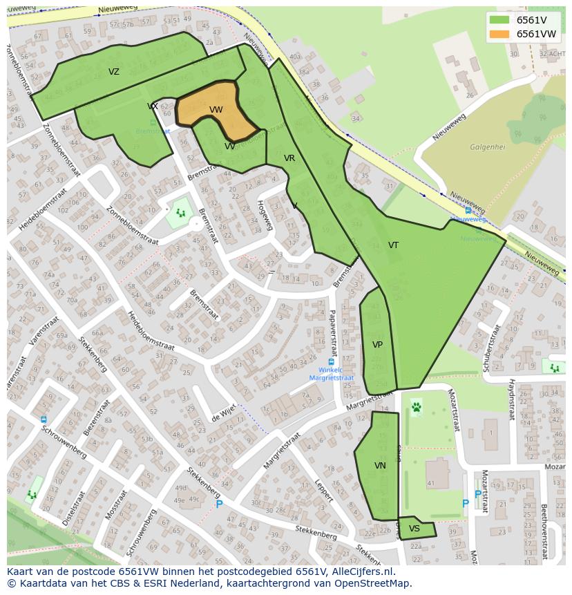 Afbeelding van het postcodegebied 6561 VW op de kaart.