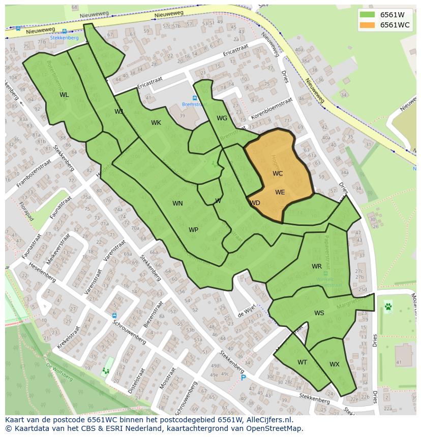 Afbeelding van het postcodegebied 6561 WC op de kaart.