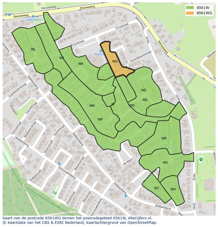 Afbeelding van het postcodegebied 6561 WG op de kaart.