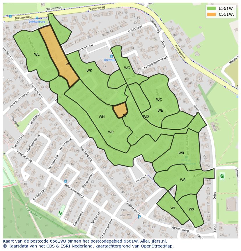 Afbeelding van het postcodegebied 6561 WJ op de kaart.