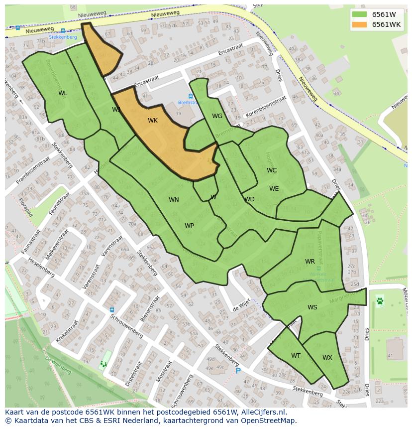 Afbeelding van het postcodegebied 6561 WK op de kaart.