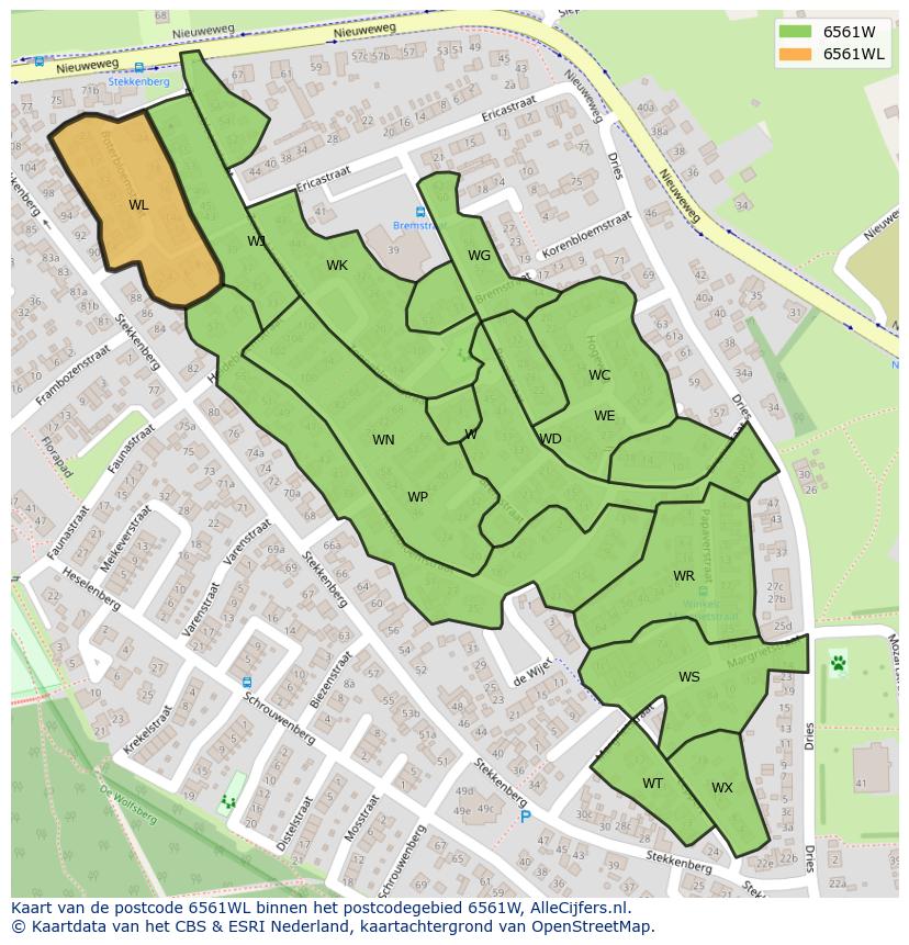 Afbeelding van het postcodegebied 6561 WL op de kaart.