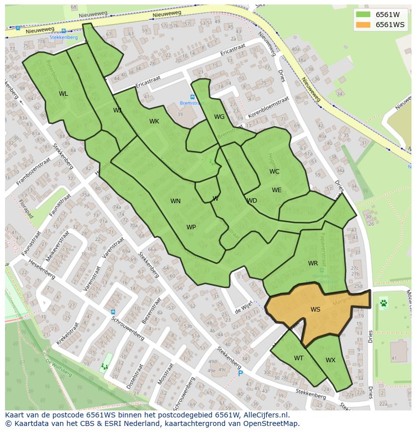Afbeelding van het postcodegebied 6561 WS op de kaart.