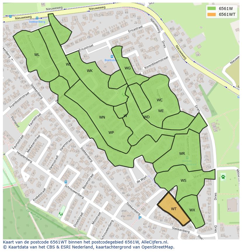 Afbeelding van het postcodegebied 6561 WT op de kaart.