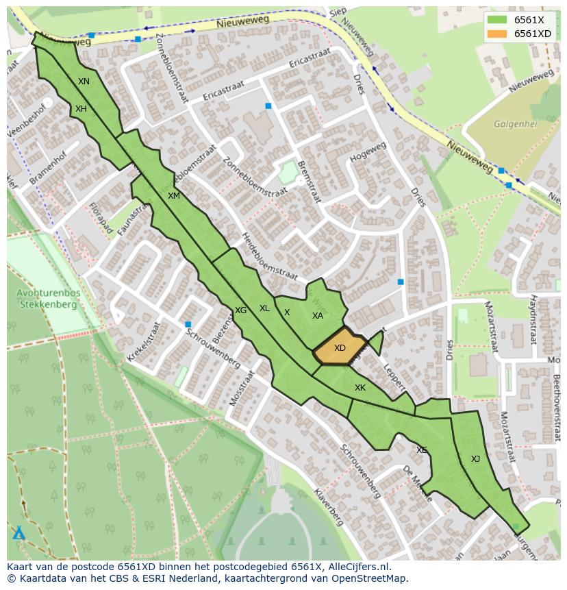 Afbeelding van het postcodegebied 6561 XD op de kaart.