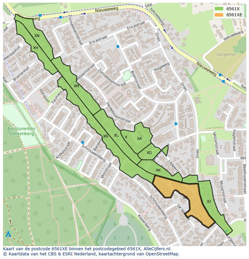 Afbeelding van het postcodegebied 6561 XE op de kaart.