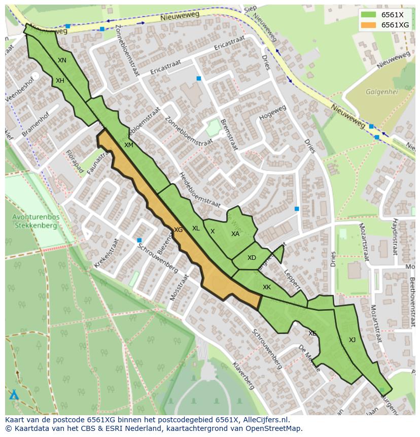 Afbeelding van het postcodegebied 6561 XG op de kaart.