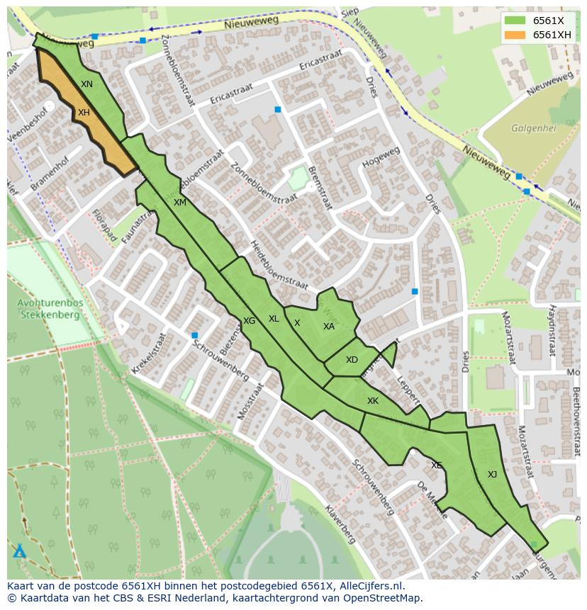 Afbeelding van het postcodegebied 6561 XH op de kaart.