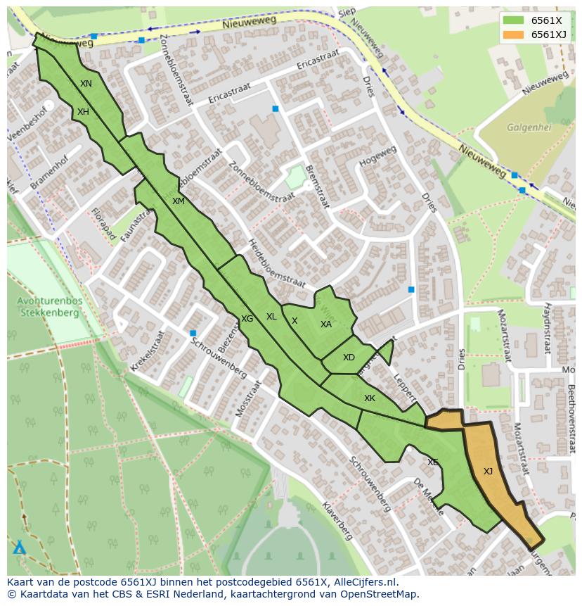 Afbeelding van het postcodegebied 6561 XJ op de kaart.