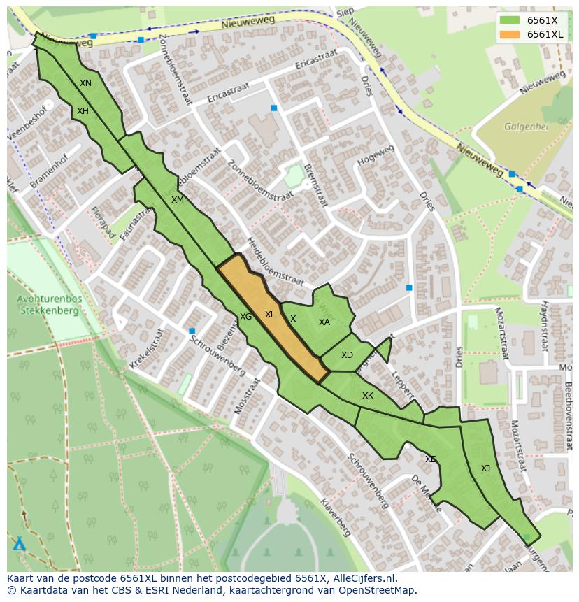 Afbeelding van het postcodegebied 6561 XL op de kaart.