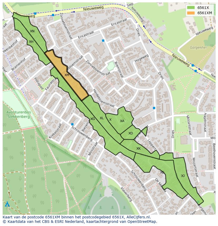 Afbeelding van het postcodegebied 6561 XM op de kaart.