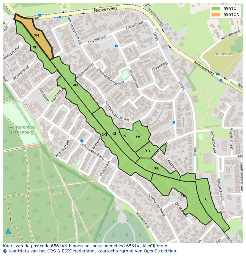 Afbeelding van het postcodegebied 6561 XN op de kaart.