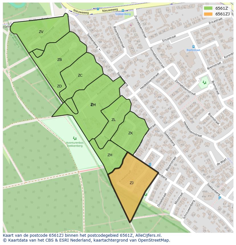 Afbeelding van het postcodegebied 6561 ZJ op de kaart.