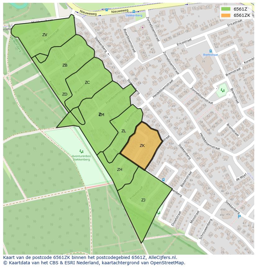 Afbeelding van het postcodegebied 6561 ZK op de kaart.
