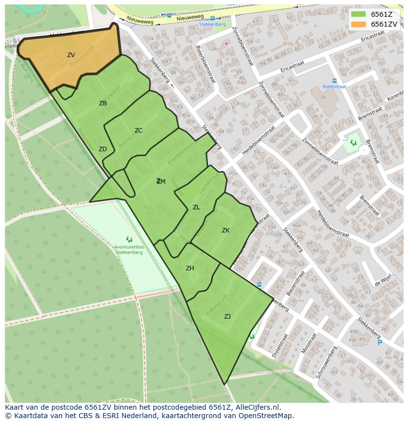 Afbeelding van het postcodegebied 6561 ZV op de kaart.