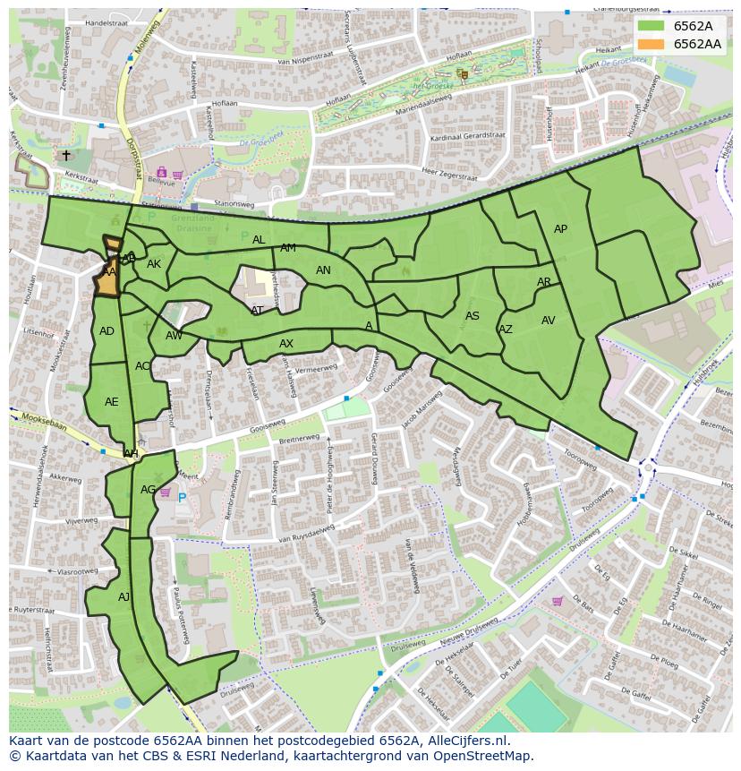 Afbeelding van het postcodegebied 6562 AA op de kaart.
