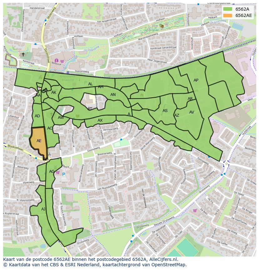 Afbeelding van het postcodegebied 6562 AE op de kaart.