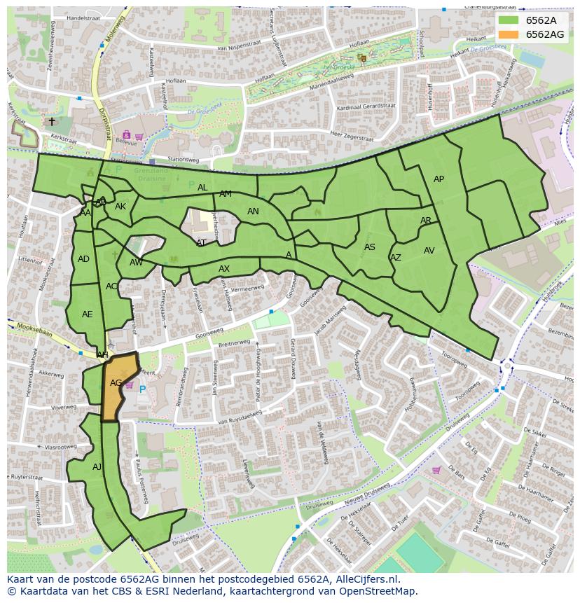 Afbeelding van het postcodegebied 6562 AG op de kaart.