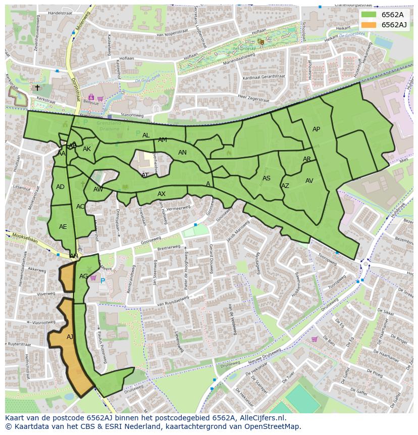 Afbeelding van het postcodegebied 6562 AJ op de kaart.