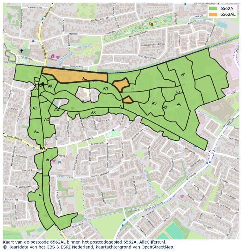 Afbeelding van het postcodegebied 6562 AL op de kaart.
