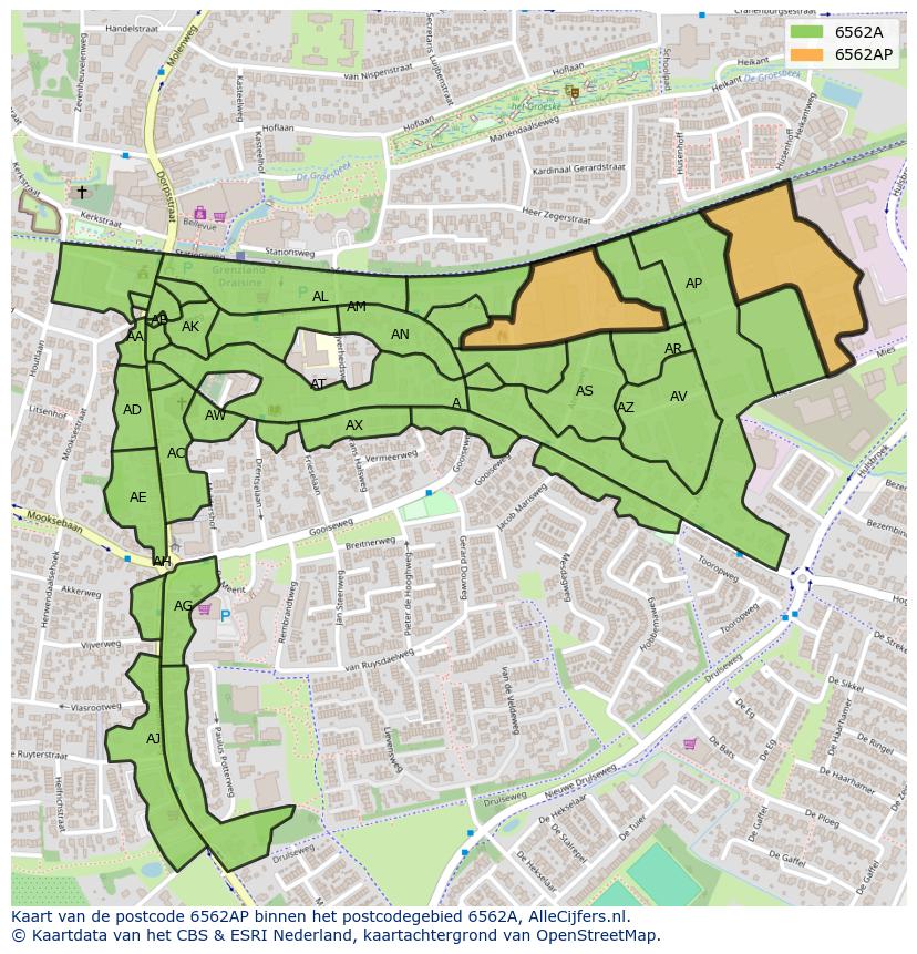 Afbeelding van het postcodegebied 6562 AP op de kaart.