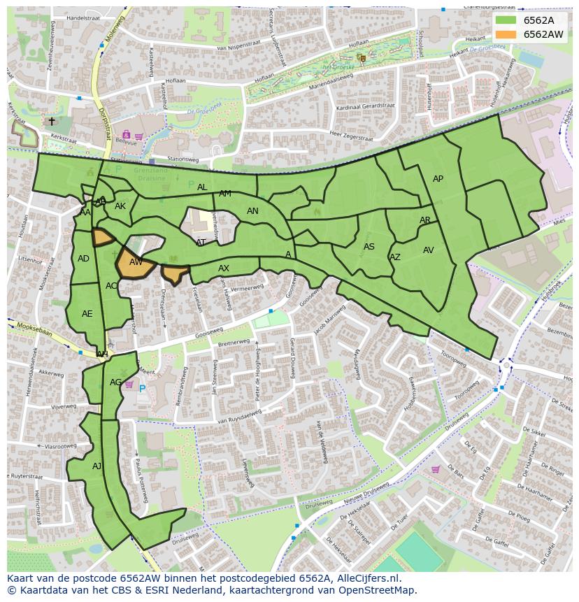 Afbeelding van het postcodegebied 6562 AW op de kaart.