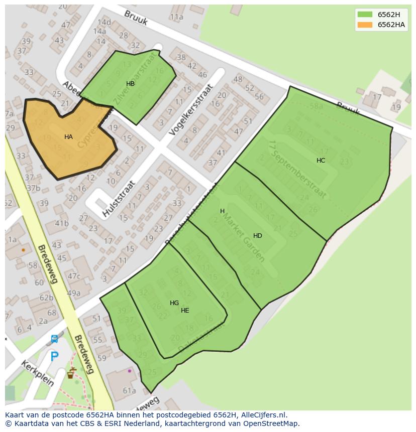 Afbeelding van het postcodegebied 6562 HA op de kaart.