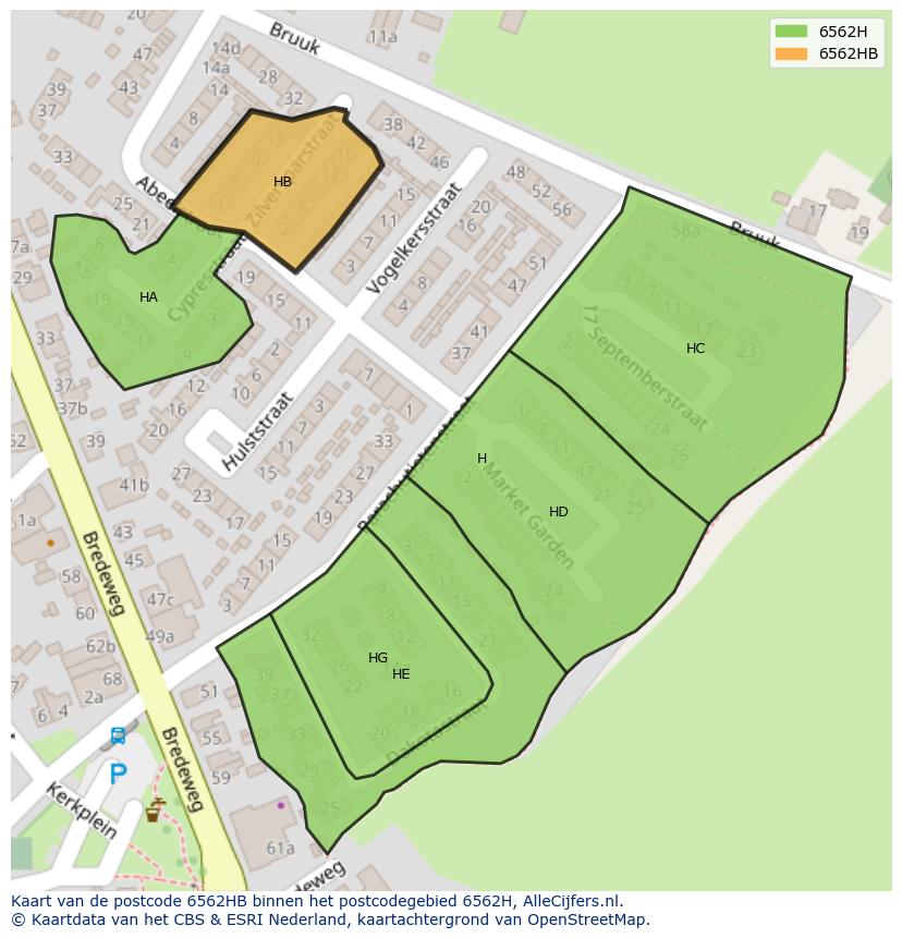 Afbeelding van het postcodegebied 6562 HB op de kaart.