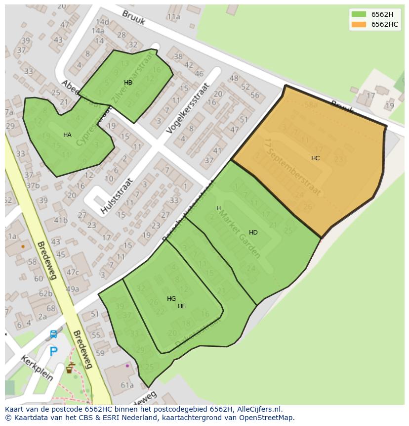 Afbeelding van het postcodegebied 6562 HC op de kaart.