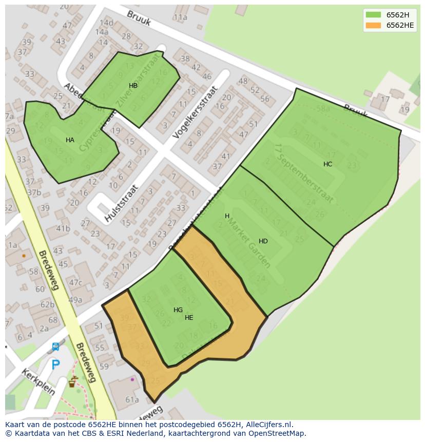 Afbeelding van het postcodegebied 6562 HE op de kaart.