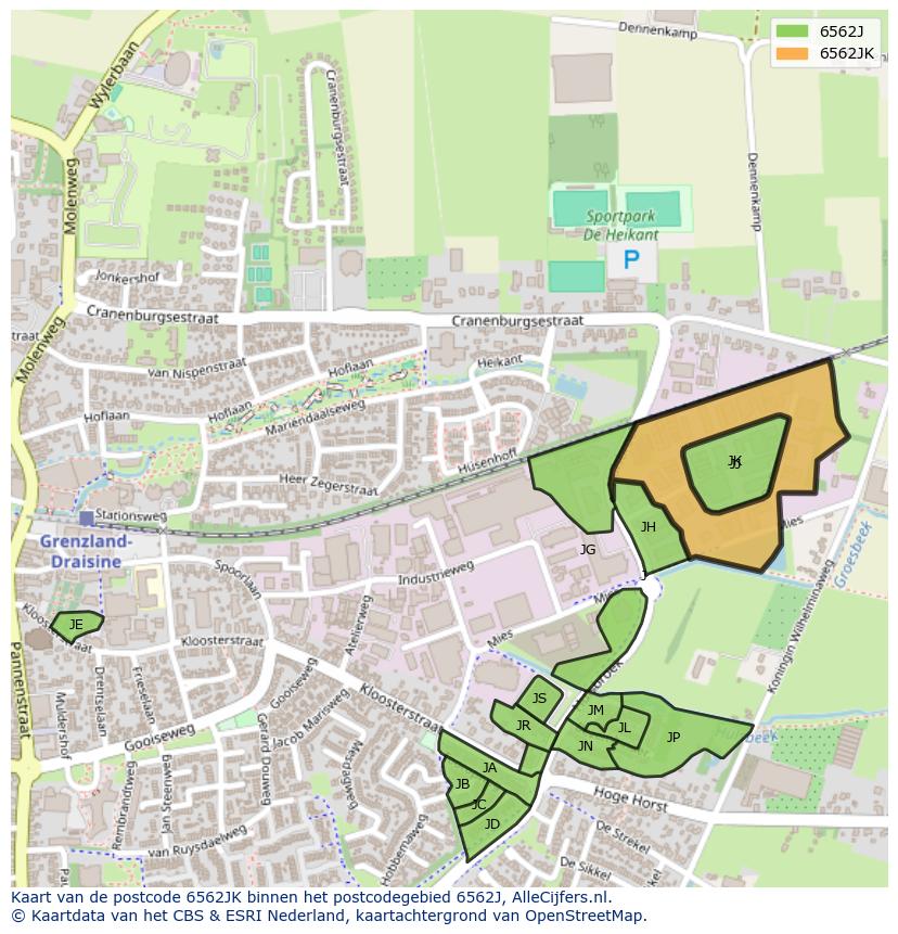 Afbeelding van het postcodegebied 6562 JK op de kaart.