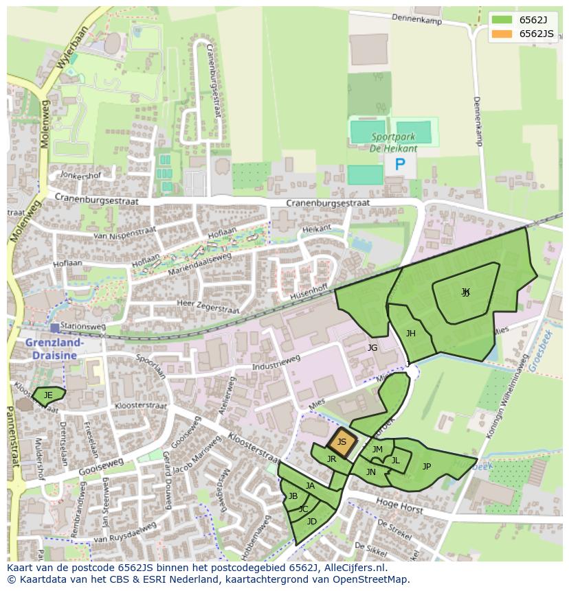 Afbeelding van het postcodegebied 6562 JS op de kaart.