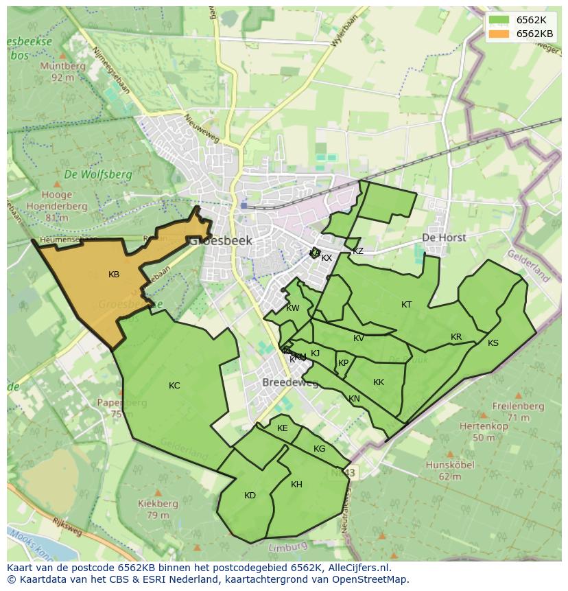 Afbeelding van het postcodegebied 6562 KB op de kaart.