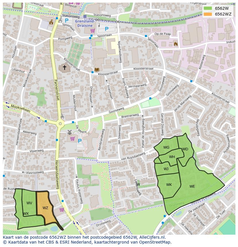 Afbeelding van het postcodegebied 6562 WZ op de kaart.