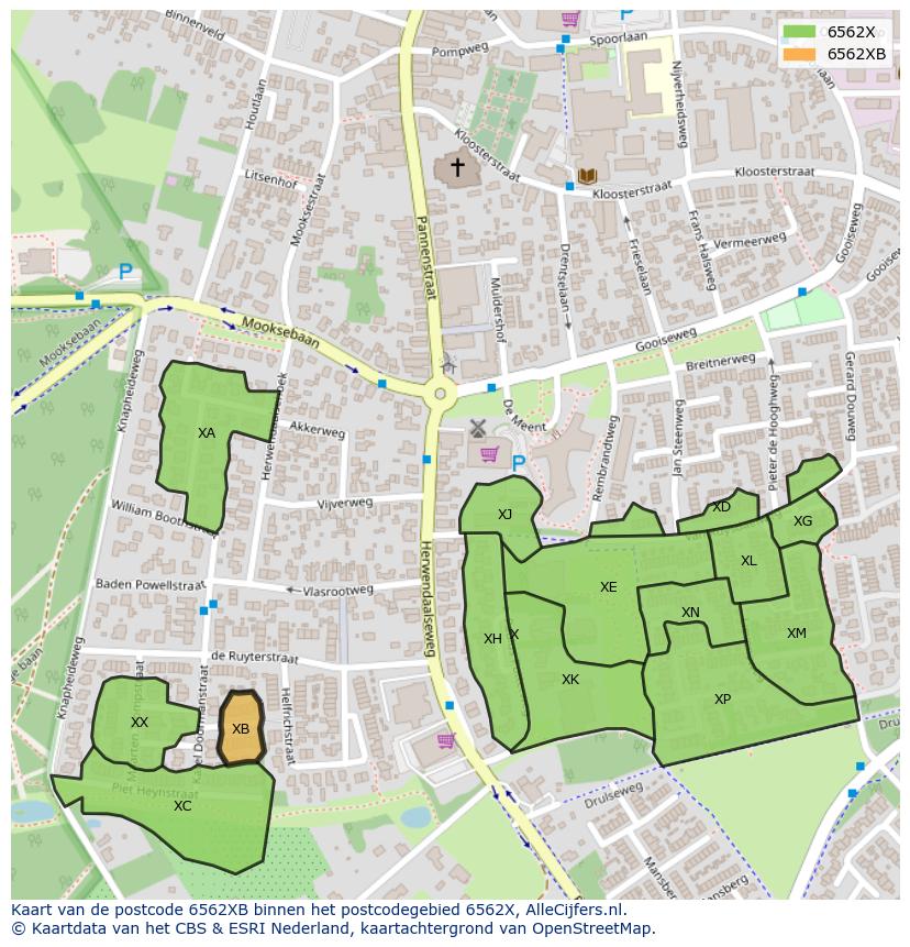 Afbeelding van het postcodegebied 6562 XB op de kaart.