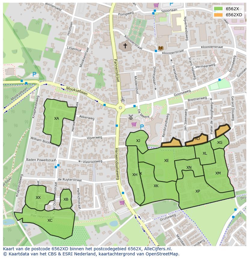 Afbeelding van het postcodegebied 6562 XD op de kaart.