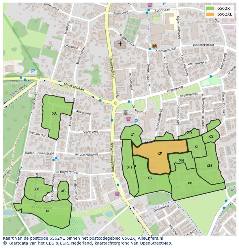 Afbeelding van het postcodegebied 6562 XE op de kaart.