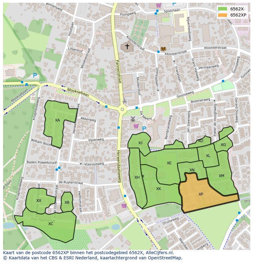 Afbeelding van het postcodegebied 6562 XP op de kaart.