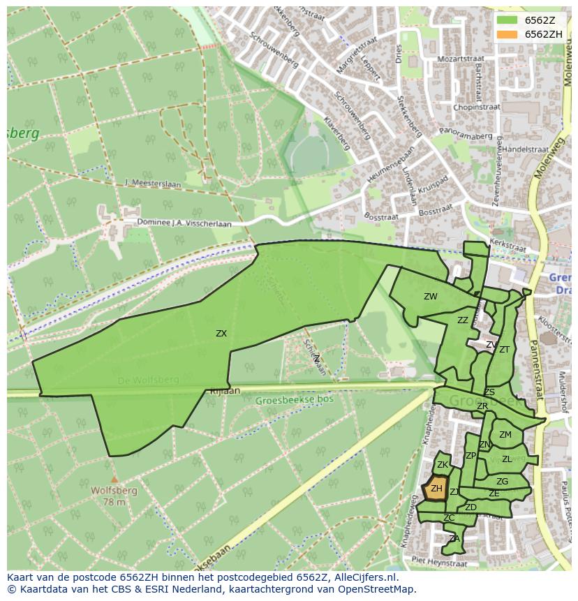 Afbeelding van het postcodegebied 6562 ZH op de kaart.