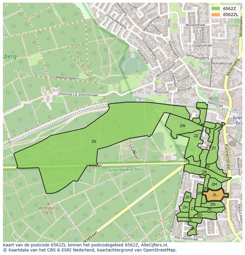 Afbeelding van het postcodegebied 6562 ZL op de kaart.