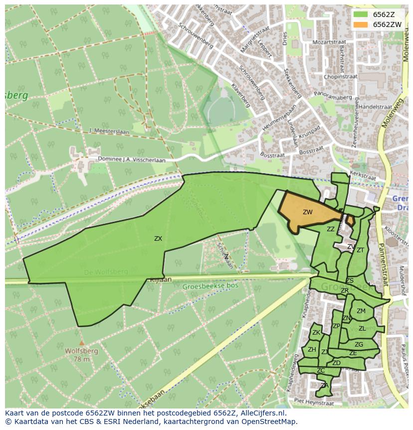 Afbeelding van het postcodegebied 6562 ZW op de kaart.