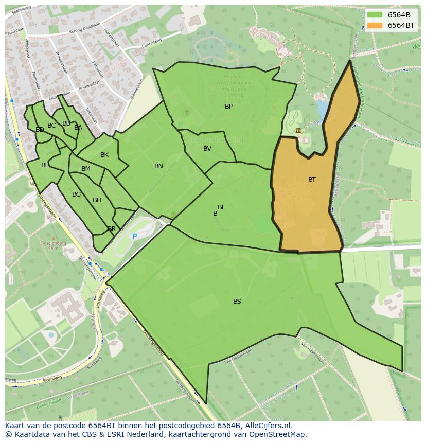 Afbeelding van het postcodegebied 6564 BT op de kaart.