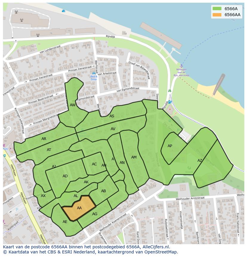 Afbeelding van het postcodegebied 6566 AA op de kaart.