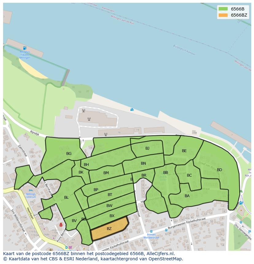 Afbeelding van het postcodegebied 6566 BZ op de kaart.