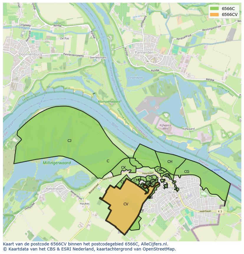Afbeelding van het postcodegebied 6566 CV op de kaart.