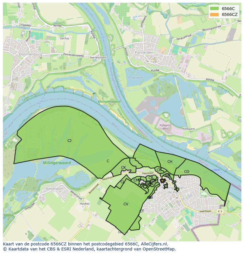 Afbeelding van het postcodegebied 6566 CZ op de kaart.